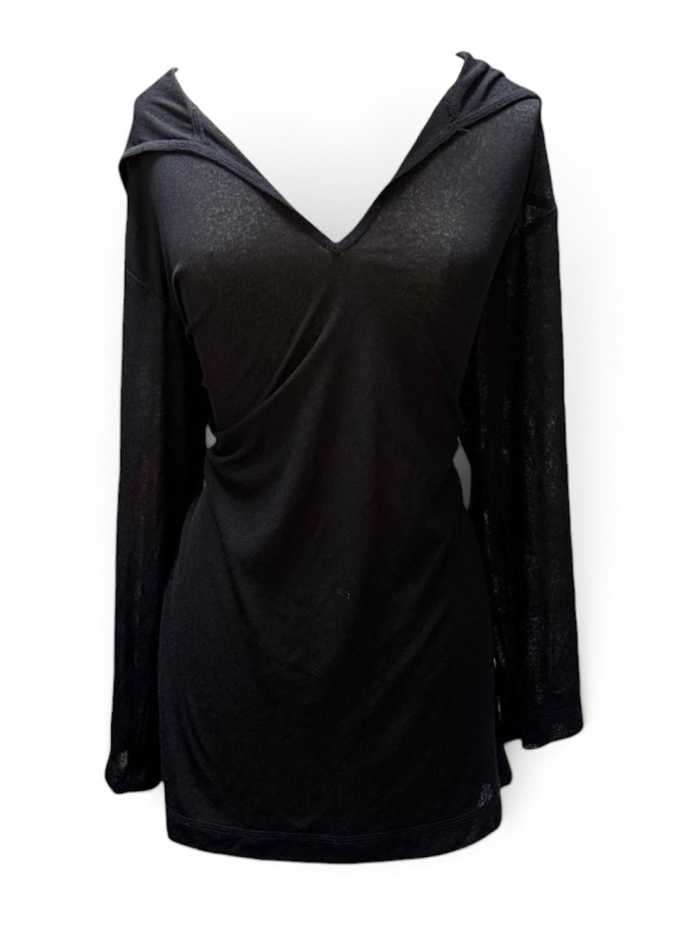 Portocruz Black Semi Sheer Hooded Tunic Top V Neck Side Slits Medium S-L